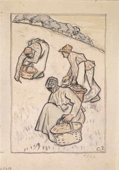 草の除草をする女性（紙の上に木炭の上にトイレとペンと墨汁） 作： Camille Jacob Pissarro