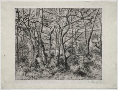 エルミタージュ、ポントワーズ、1879年の樹木が茂った風景。 作： Camille Jacob Pissarro