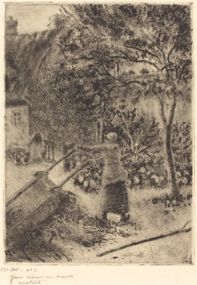 手押し車を空にする女性 作： Camille Pissarro