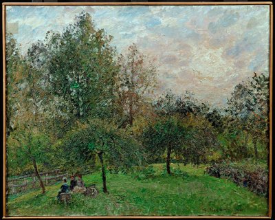 夕日に映えるリンゴの木とポプラの木 作： Camille Pissarro
