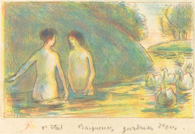 入浴者、ガチョウ飼い ガチョウの世話をする入浴者、c。 1895年。 作： Camille Pissarro