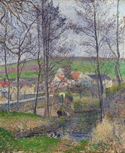 オスニーのヴィオスヌ川のほとり、灰色の天候、冬 - カミーユ・ピサロの絵画 (1830-1903) 灰色の天候のオスニーのヴィオスヌ川の岸辺 - キャンバスに油彩 1883 ビクトリア国立美術館、メルボルン 65.3x54.5 作： Camille Pissarro