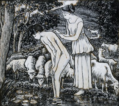 小川でダフニスを洗うクロエ、挿絵のための構図習作、c1895 作： Camille Pissarro