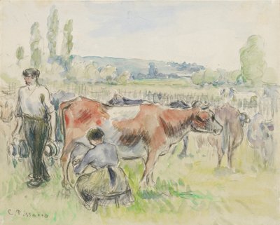 エラニー＝シュル＝エプテでの搾乳シーンの構図検討、1884年 作： Camille Pissarro