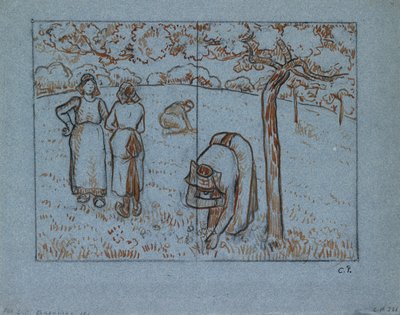 果樹園で働く 4 人の女性農民の構成研究「春」、c1894 作： Camille Pissarro