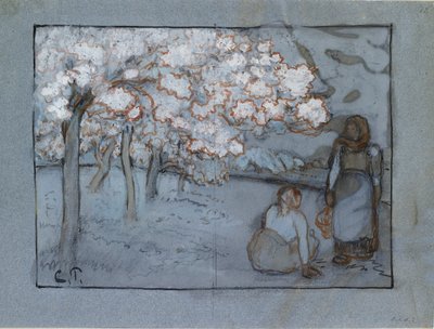 果樹園で会話する 2 人の女性農民の構図研究、c1894 作： Camille Pissarro