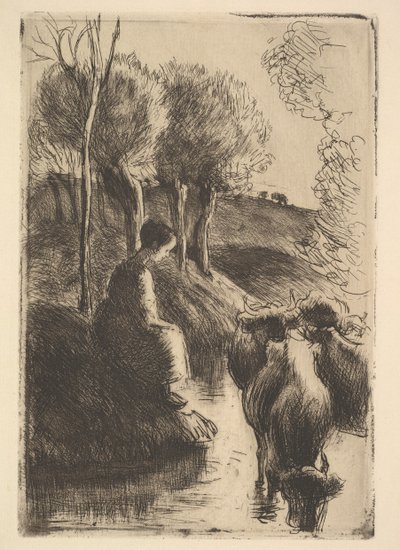 牛飼い、ウォーターズエッジ、1890年。 作： Camille Jacob Pissarro