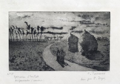 干し草の山と夕暮れ、1879 年 作： Camille Pissarro