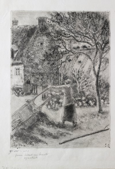 手押し車を空にする女性、1880年 作： Camille Pissarro