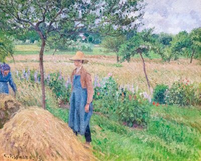 干し草の山のそばに立つ庭師、どんよりした空、エラニー 作： Camille Pissarro