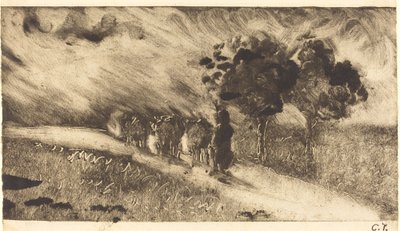 夕方の夕暮れのヴァシェールでの牛の群れ、c。 1890年。 作： Camille Pissarro