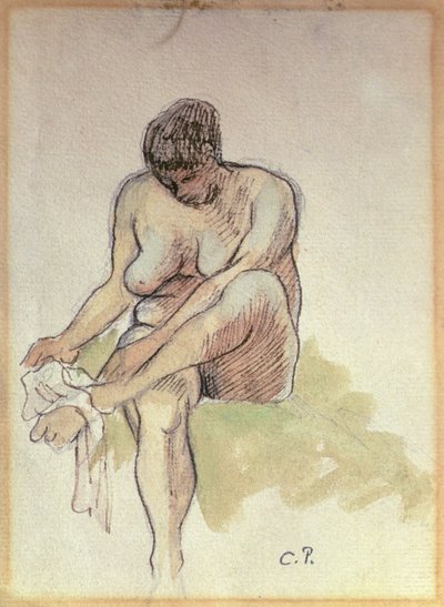 左足を拭く裸の女性（紙に鉛筆、ウォッシュ、ペン、セピアインク） 作： Camille Pissarro