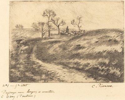 オスニーの羊飼いと羊のいる風景 (ポントワーズ) 作： Camille Pissarro