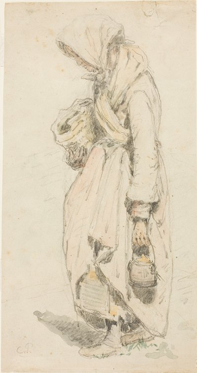 農婦（レクト）、釣り竿を持った少年（裏面） 作： Camille Pissarro