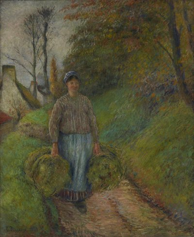 干し草の束を 2 つ運ぶ農民の女性 作： Camille Pissarro