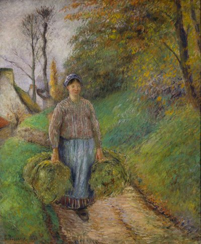 干し草の束を2つ運ぶ農民の女性 作： Camille Jacob Pissarro