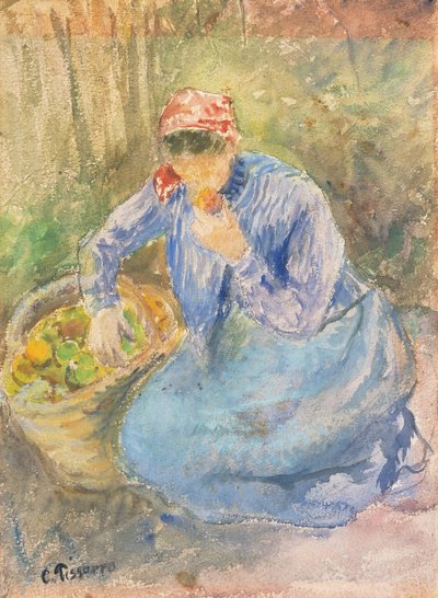 リンゴのバスケットを持った海辺の農民の女性（水彩画 作： Camille Pissarro