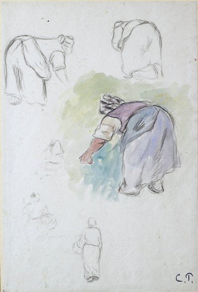 習作シート：腰をかがめる女性の習作4枚、洗面器を持つ女性の習作2枚 作： Camille Pissarro