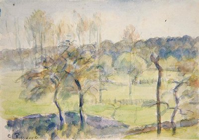 春（紙に黒チョークの上に水彩画 作： Camille Pissarro