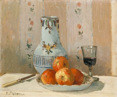 リンゴとピッチャーのある静物、1872年。 作： Camille Jacob Pissarro