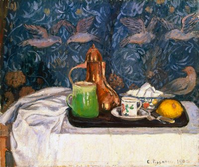 コーヒーポットのある静物」、1900年。 作： Camille Pissarro