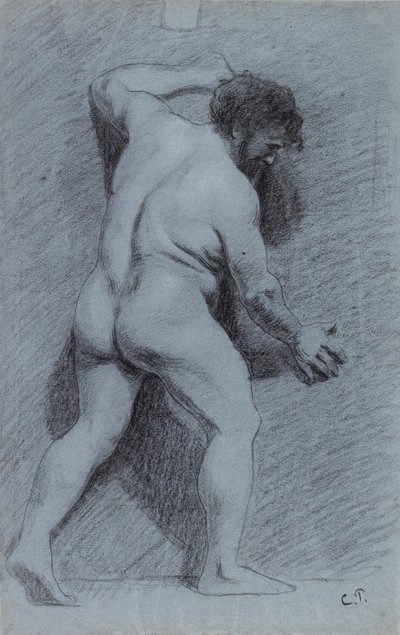 右向きの横顔で見られる壁にポーズをとった男性のヌードの研究、1856-1860 作： Camille Pissarro