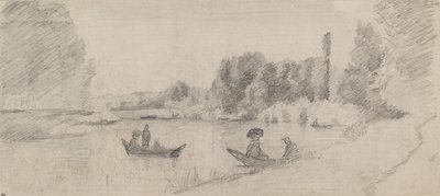 ボートのある川の風景の研究、1863-1864 作： Camille Pissarro