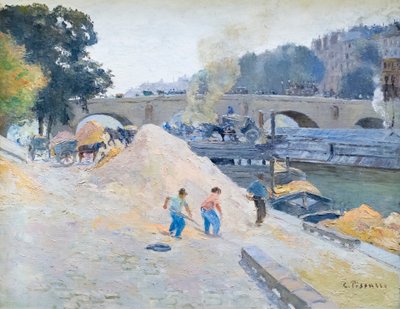 パリのセーヌ川のほとり、マリー橋、ケ ダンジュー、c. 1875年（キャンバスに油彩） 作： Camille Pissarro