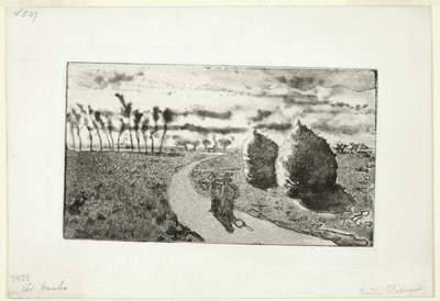 干し草の山とトワイライト 作： Camille Pissarro