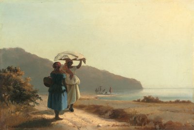 海辺でおしゃべりをする 2 人の女性、セント トーマス 作： Camille Pissarro