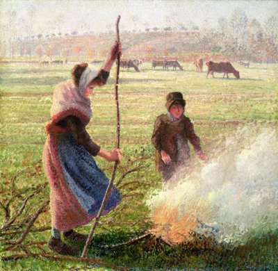 白い霜、木を割る女 作： Camille Jacob Pissarro