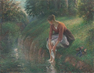 小川で足を洗う女性 作： Camille Pissarro