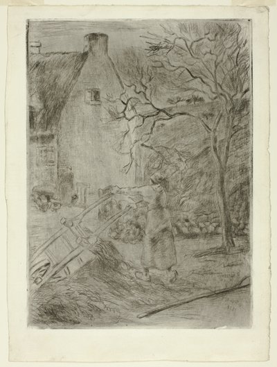 手押し車を空にする女性 作： Camille Pissarro