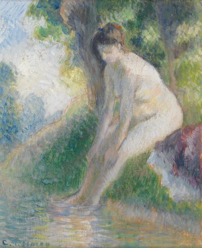 小川のほとりに座る女 1895年頃（ボードにグワッシュ） 作： Camille Pissarro