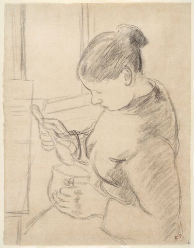 彼女のコーヒーを持っている若い農民 作： Camille Pissarro