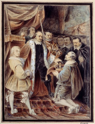 王冠を拒否するオリヴィエ・クロムウェル (1599-1658) 英国共和国の護国卿は、1658 年にハンブル・ペティションとエイビス (新議会) によって王冠を提案されました。 ヒューゴ 作： Camille Rogier