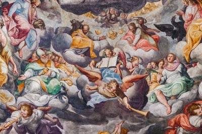 音楽を演奏する天使、最後の審判の詳細 (フレスコ画) 作： Camillo Procaccini