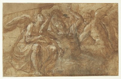 3 人の天使に囲まれた両手を広げて恍惚とした男 作： Camillo Procaccini