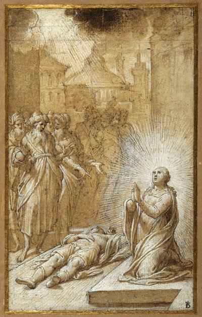 死んだ男の体のそばで祈る女聖人 作： Camillo Procaccini