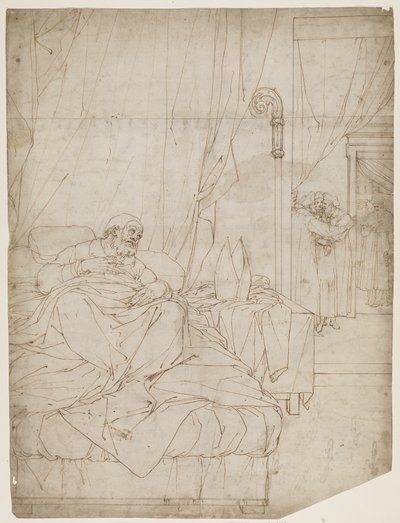 寝たきりの教皇は、隣の部屋で男性が話しているのを聞いています 作： Camillo Procaccini