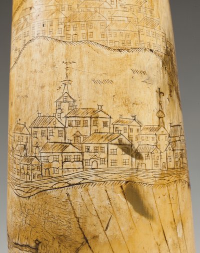 1759年頃のケベック州のセントローレンス川の地図が刻まれたパウダーホーン 作： Canadian School