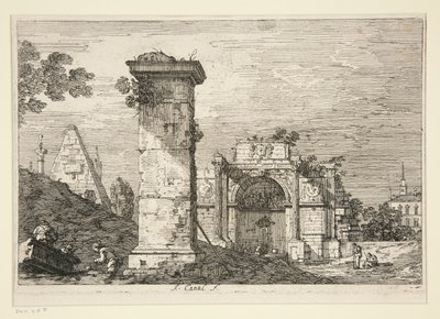 シリーズVedute（Views）からの廃墟のモニュメントのある風景 作： Canaletto (Giovanni Antonio Canal)