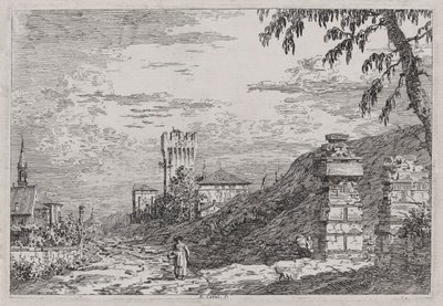 シリーズVedute（Views）からの塔と2つの台無しにされた柱のある風景 作： Canaletto (Giovanni Antonio Canal)