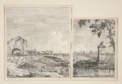 橋を渡る荷馬車 [そして] Vedute (Views) シリーズの小さなモニュメント (木の下) 作： Canaletto (Giovanni Antonio Canal)