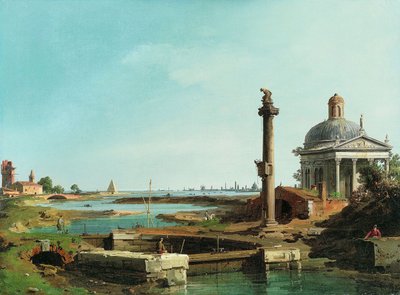 ラグーンの横にある水門、柱、教会。 作： Giovanni Antonio Canal