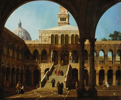 カナレット - カプリッチョ ドゥカーレ宮殿の中庭とギガンティ宮殿の眺め サイン、年代 1744年 作： Canaletto