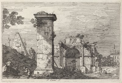 台無しにされたモニュメントのある風景、c。 1740年。 作： Canaletto
