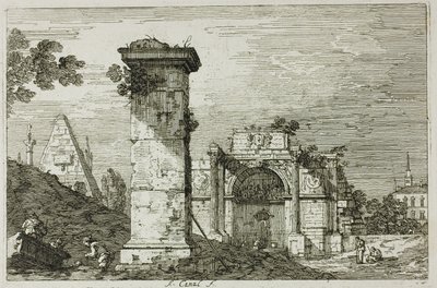 廃墟となったモニュメントのある風景、Vedute より 作： Canaletto