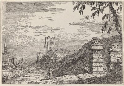 タワーと台無しにされた 2 つの柱のある風景 作： Canaletto