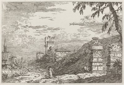 塔と2本の廃柱のある風景[左] 作： Canaletto